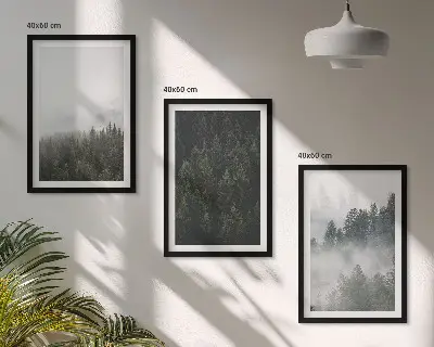 Conjunto de quadros para sala de estar com tema de florestas verdes, neblina e natureza