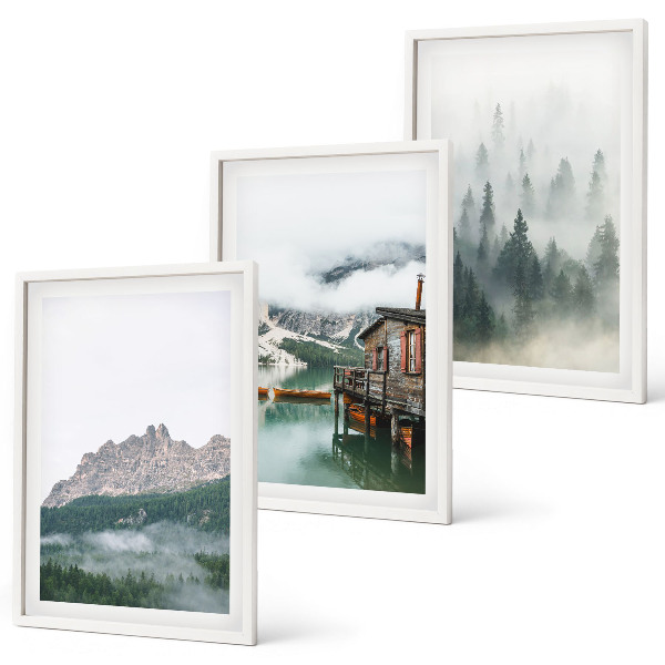 Conjunto de 3 quadros com moldura Montanhas, lago, chalé, neblina