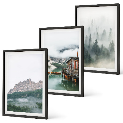 Conjunto de 3 quadros com moldura Montanhas, lago, chalé, neblina