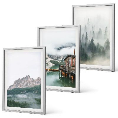 Conjunto de 3 quadros com moldura Montanhas, lago, chalé, neblina