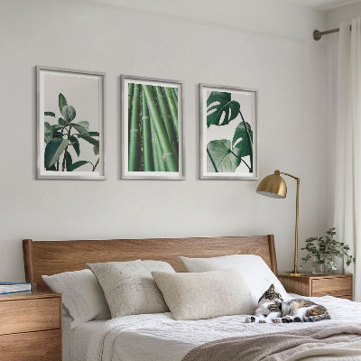 Conjunto de 3 quadros com moldura Caules de bambu e folhas de monstera