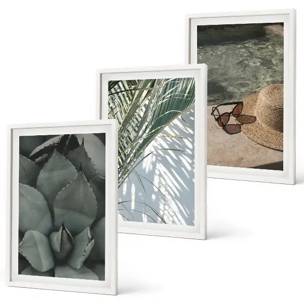 Conjunto de quadros para sala de estar com estampas de plantas tropicais para férias