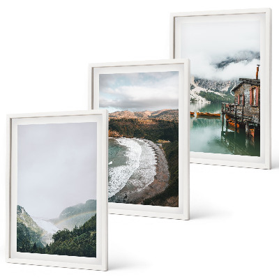 Conjunto de 3 quadros com moldura Montanhas, praia, nuvens, água