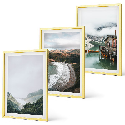 Conjunto de 3 quadros com moldura Montanhas, praia, nuvens, água