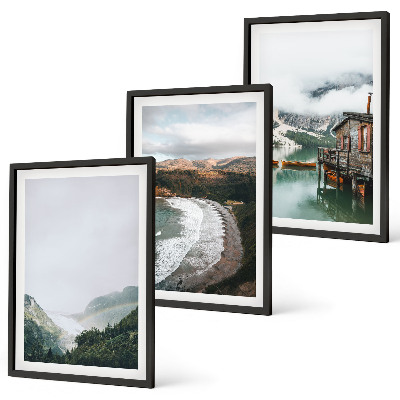 Conjunto de 3 quadros com moldura Montanhas, praia, nuvens, água