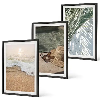 Conjunto de quadros para sala de estar com tema de chapéu de praia e óculos de sol