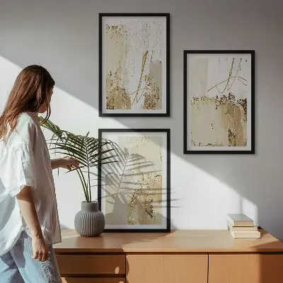 Conjunto de quadros para sala de estar com padrões abstratos em bege e branco