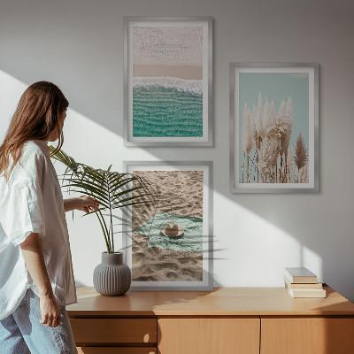 Conjunto de 3 quadros com moldura chapéu de grama com ondas de praia