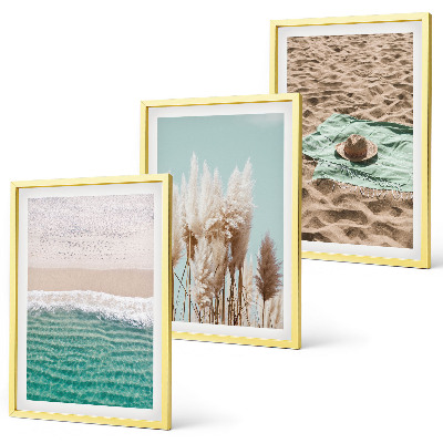 Conjunto de 3 quadros com moldura chapéu de grama com ondas de praia