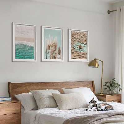 Conjunto de 3 quadros com moldura chapéu de grama com ondas de praia