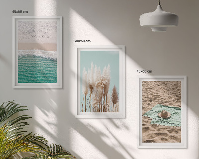 Conjunto de 3 quadros com moldura chapéu de grama com ondas de praia