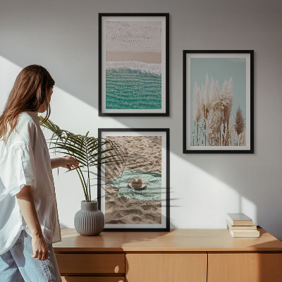 Conjunto de 3 quadros com moldura chapéu de grama com ondas de praia
