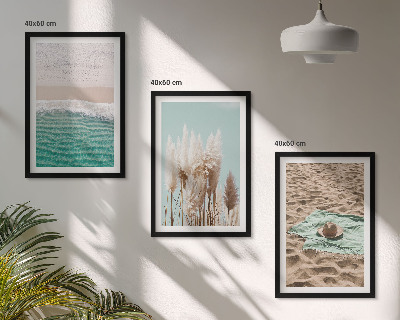 Conjunto de 3 quadros com moldura chapéu de grama com ondas de praia