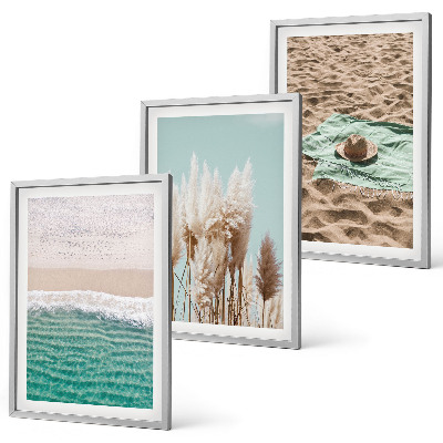 Conjunto de 3 quadros com moldura chapéu de grama com ondas de praia