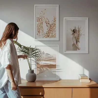 Conjunto de quadros para sala de estar com motivos florais rústicos estilo boho