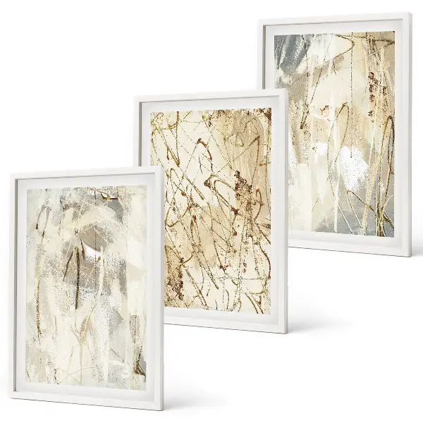 Composição de quadros moderna com padrões abstratos em tons de bege e cinza