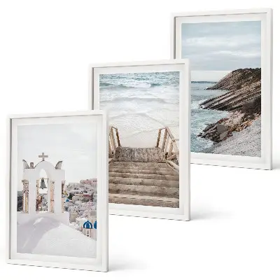 Conjunto de quadros para sala de estar com tema de arquitetura marítima de Santorini