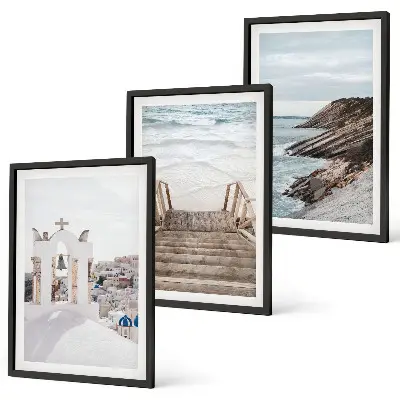Conjunto de quadros para sala de estar com tema de arquitetura marítima de Santorini
