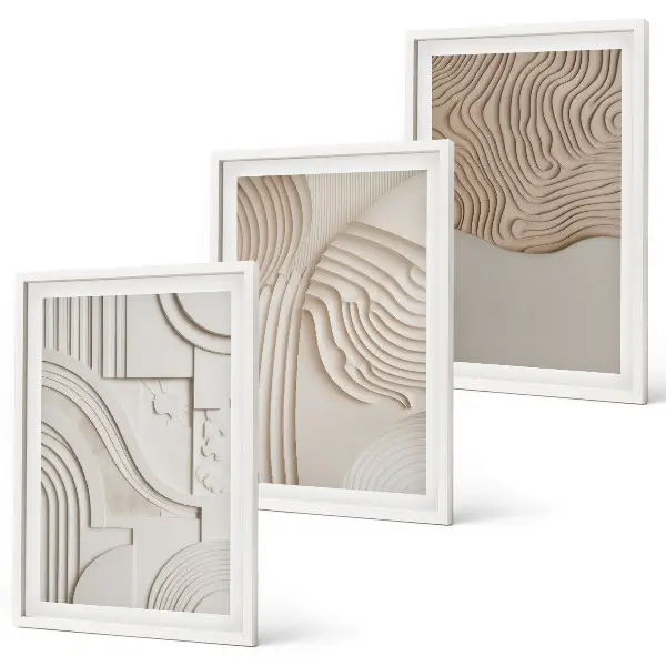 Conjunto de 3 quadros com moldura com padrões abstratos em bege e branco