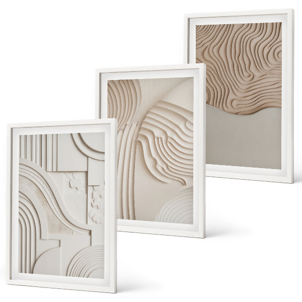 Conjunto de 3 quadros com moldura Padrões abstratos em bege e branco