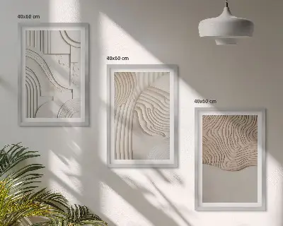 Conjunto de 3 quadros com moldura com padrões abstratos em bege e branco