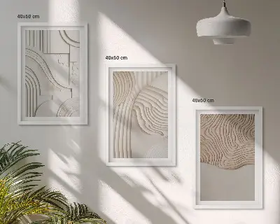 Conjunto de 3 quadros com moldura com padrões abstratos em bege e branco