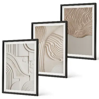 Conjunto de 3 quadros com moldura com padrões abstratos em bege e branco
