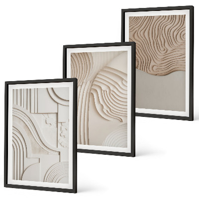 Conjunto de 3 quadros com moldura Padrões abstratos em bege e branco