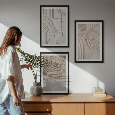 Conjunto de 3 quadros com moldura Padrões abstratos em bege e branco