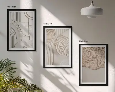 Conjunto de 3 quadros com moldura com padrões abstratos em bege e branco