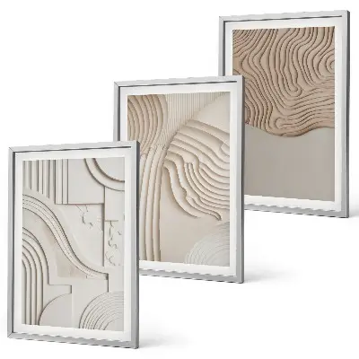 Conjunto de 3 quadros com moldura com padrões abstratos em bege e branco