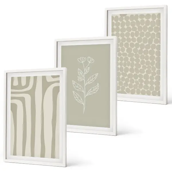 Conjunto de quadros para sala de estar com padrões geométricos de plantas
