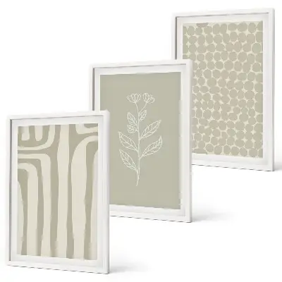 Conjunto de quadros para sala de estar com padrões geométricos de plantas