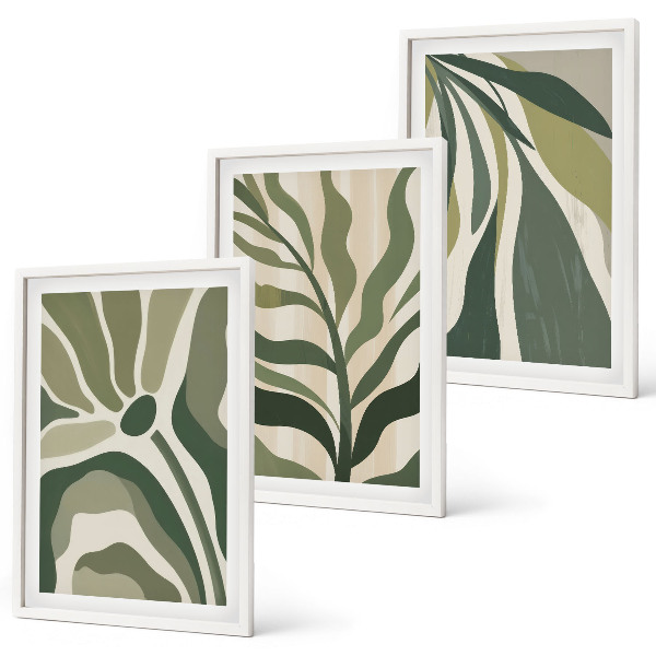 Conjunto de 3 quadros com moldura Ilustrações de folhas verdes pintadas