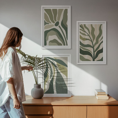 Conjunto de 3 quadros com moldura Ilustrações de folhas verdes pintadas