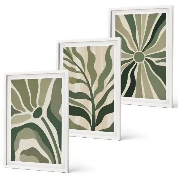 Conjunto de quadros para sala de estar com estampas de plantas em tons de verde e bege