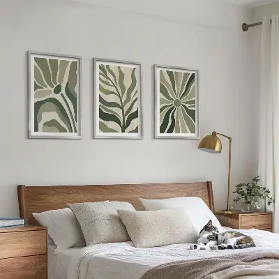 Conjunto de quadros para sala de estar com estampas de plantas em tons de verde e bege