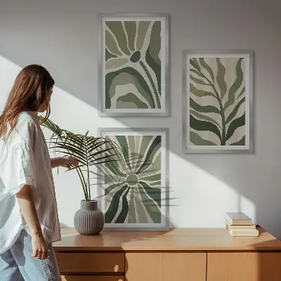 Conjunto de quadros para sala de estar com estampas de plantas em tons de verde e bege