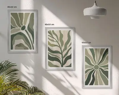 Conjunto de quadros para sala de estar com estampas de plantas em tons de verde e bege