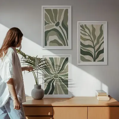 Conjunto de quadros para sala de estar com estampas de plantas em tons de verde e bege