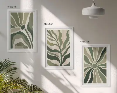 Conjunto de quadros para sala de estar com estampas de plantas em tons de verde e bege
