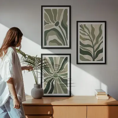 Conjunto de quadros para sala de estar com estampas de plantas em tons de verde e bege
