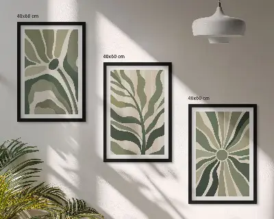 Conjunto de quadros para sala de estar com estampas de plantas em tons de verde e bege