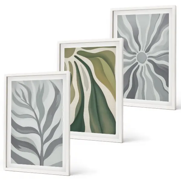 Conjunto de 3 quadros com moldura com padrões de plantas em verde