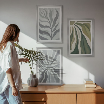 Conjunto de 3 quadros com moldura Padrões de plantas em verde
