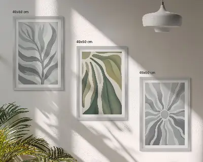 Conjunto de 3 quadros com moldura com padrões de plantas em verde