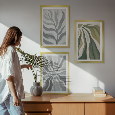 Conjunto de 3 quadros com moldura Padrões de plantas em verde