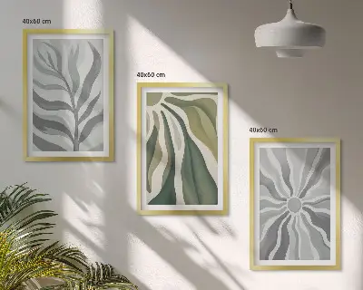 Conjunto de 3 quadros com moldura com padrões de plantas em verde