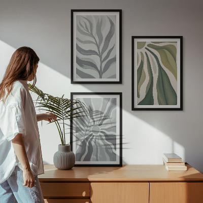 Conjunto de 3 quadros com moldura Padrões de plantas em verde