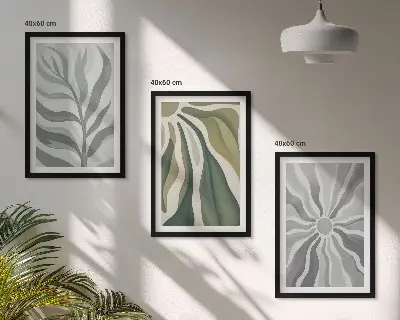 Conjunto de 3 quadros com moldura com padrões de plantas em verde